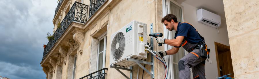 Installation Pompe Chaleur Air Air Immeuble Paris 75 Artisan RGE installant une pompe à chaleur air/air sur façade d'immeuble haussmannien à Paris 75