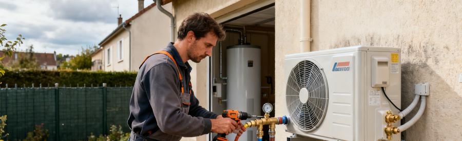 Installation Pompe Chaleur Air Eau Pavillon Poissy Artisan RGE installant une pompe à chaleur air/eau sur un pavillon à Poissy, raccordement circuit hydraulique