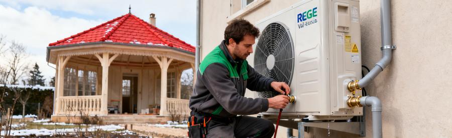 Technicien RGE raccordant une pompe à chaleur air/eau sur façade de pavillon dans le Val-d'Oise 95