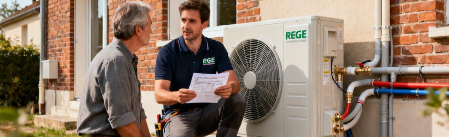 Artisan RGE présentant une estimation d'installation de pompe à chaleur à un propriétaire à Aubervilliers