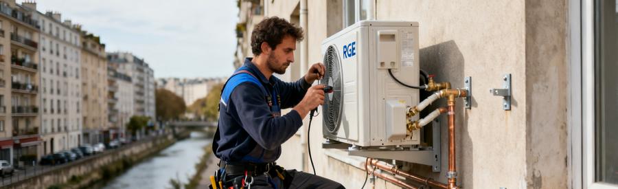 Installation Pompe Chaleur Immeuble Pantin Technicien installant une unité extérieure de pompe à chaleur sur un immeuble résidentiel à Pantin