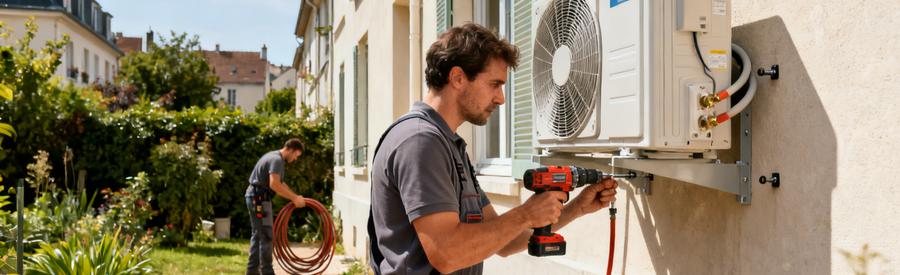 Installation Pompe Chaleur Pavillon Champigny Sur Marne Technicien fixant une unité extérieure de pompe à chaleur sur façade de pavillon à Champigny-sur-Marne