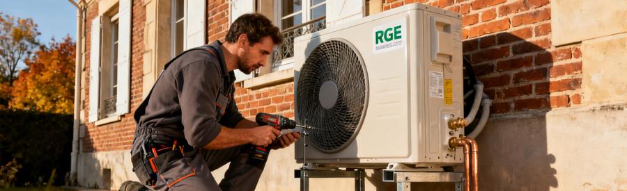 Artisan RGE installant une unité extérieure de pompe à chaleur sur façade de pavillon à Épinay-sur-Seine