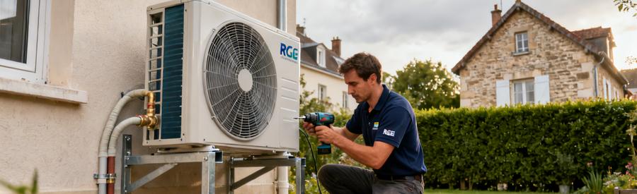 Installation Pompe Chaleur Pavillon Massy Essonne Artisan RGE installant une unité extérieure de pompe à chaleur sur un pavillon résidentiel à Massy