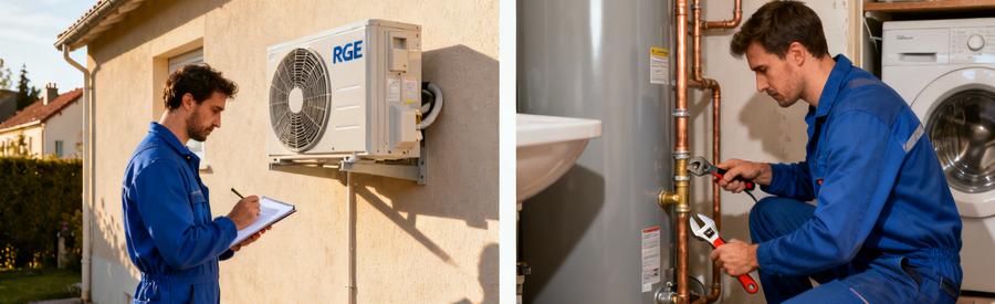 Technicien PAC inspectant unité extérieure et artisan raccordant unité intérieure à Saint-Germain-en-Laye