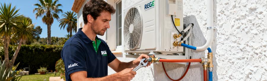 Artisan RGE raccordant une pompe à chaleur sur façade de villa à Cannes, jardin méditerranéen
