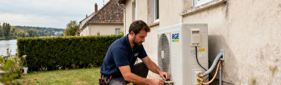 Technicien RGE installant une pompe à chaleur air/eau sur un pavillon des années 1970 à Viry-Châtillon