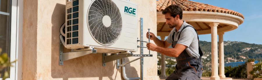 Installation Unite Exterieure Pac Cannet Facade Artisan RGE fixant l'unité extérieure d'une pompe à chaleur sur un pavillon provençal au Cannet