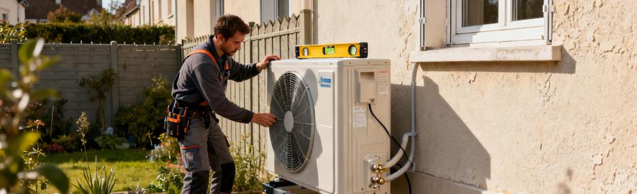Artisan positionnant une unité extérieure de pompe à chaleur sur support anti-vibrations dans un pavillon d'Ermont