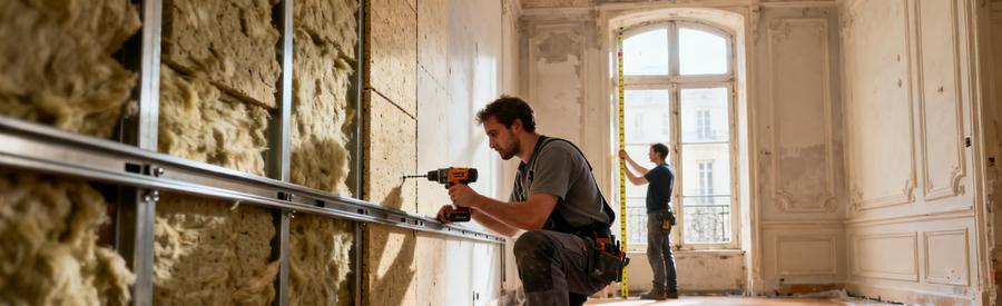 Artisan RGE posant des panneaux isolants sur mur intérieur d'appartement haussmannien Paris 12e