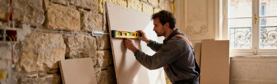 Artisan RGE posant des panneaux de doublage collé sur mur en pierre d'un appartement parisien du 6e arrondissement