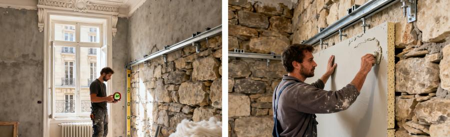 Comparaison doublage collé et ossature métallique pour isolation intérieure dans appartement Paris 12e arrondissement