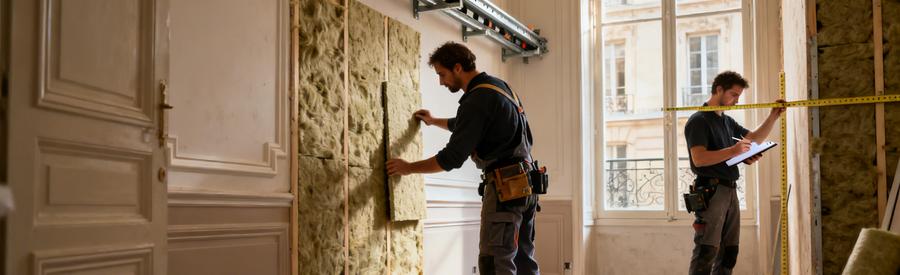 Isolation Interieure Ile De France Techniques Artisan Rge Artisans RGE posant laine de roche et rails sur mur intérieur d'appartement francilien en rénovation