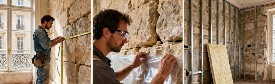 Artisans RGE réalisant un doublage intérieur sur mur en pierre haussmannien dans un appartement du 12e arrondissement de Paris