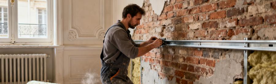 Artisan posant ossature métallique et laine de roche sur mur ancien pour isolation intérieure Paris 19e