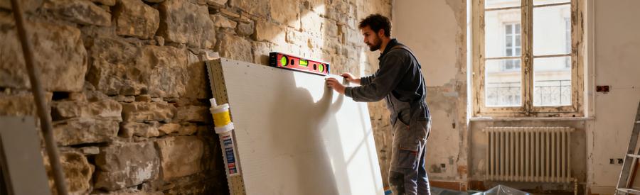 Artisan posant un panneau isolant composite sur mur ancien lors d'un chantier d'isolation intérieure Paris 2e