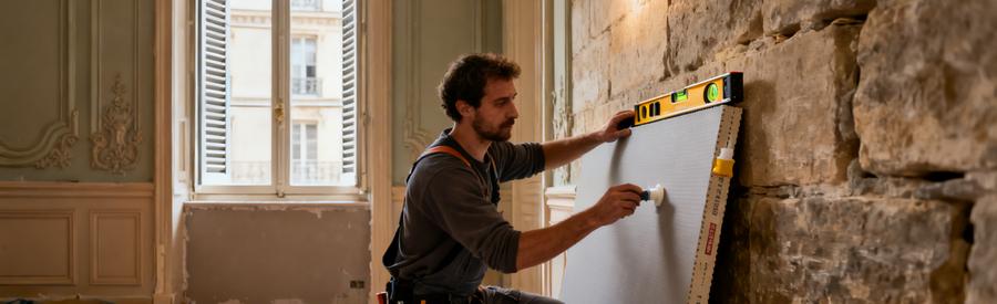 Artisan posant un panneau composite isolant sur mur en pierre d'un appartement haussmannien Paris 7e