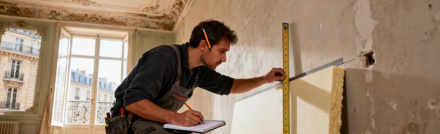 Artisan mesurant l'épaisseur d'un isolant haute performance dans un appartement haussmannien Paris 7e