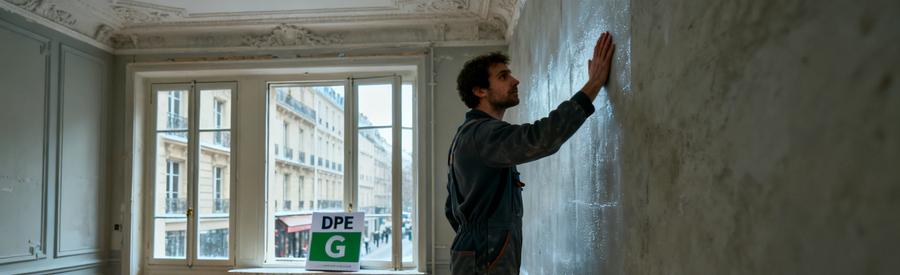 Isolation Interieure Paris 10e Mur Haussmannien Deperditions Artisan évaluant les déperditions thermiques d'un mur intérieur dans un appartement haussmannien du 10e arrondissement de Paris