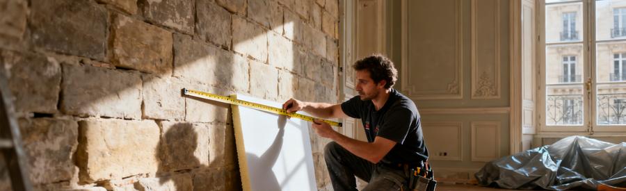 Artisan mesurant un panneau isolant mince polyuréthane contre mur en pierre d'appartement haussmannien Paris 1er
