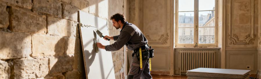 Artisan collant un panneau composite isolant sur mur en pierre d'appartement haussmannien Paris 1er arrondissement