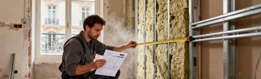Artisan RGE vérifiant conformité réglementaire RE2020 sur chantier isolation intérieure appartement Paris 20e