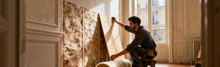 Artisan RGE posant isolation intérieure dans appartement haussmannien Paris, intervention tous arrondissements