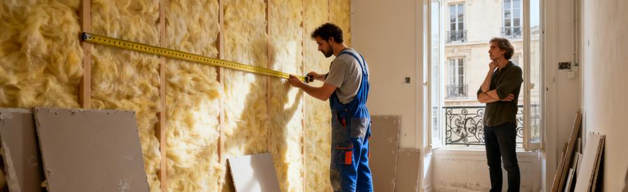 Artisan mesurant l'épaisseur d'un doublage isolant dans un petit appartement parisien, illustrant la perte de surface