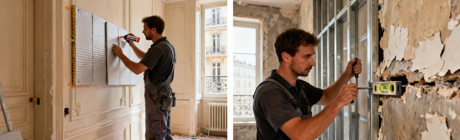 Artisan posant doublage collé sur mur régulier et ossature métallique sur mur irrégulier, appartement Paris 3e