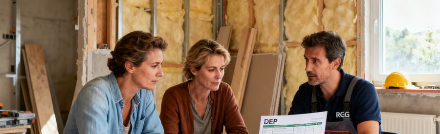 Propriétaires et artisan RGE étudiant les nouvelles modalités MaPrimeRénov' 2026 pour financer leurs travaux de rénovation