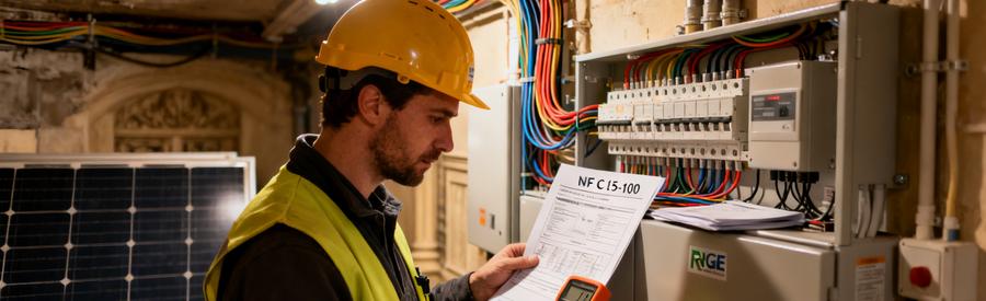 Norme Nfc 15100 Raccordement Panneaux Solaires Paris 7e Électricien RGE vérifiant conformité norme NF C 15-100 pour installation photovoltaïque Paris 7e