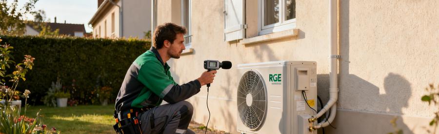 Norme Reglementation Pac Longjumeau Rge Technicien RGE mesurant le niveau sonore d'une pompe à chaleur extérieure dans un pavillon de Longjumeau