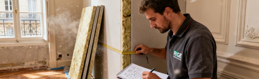 Normes Isolation Interieure Paris 10e Artisan Rge Artisan RGE vérifiant les seuils techniques d'isolation intérieure dans un appartement parisien en rénovation