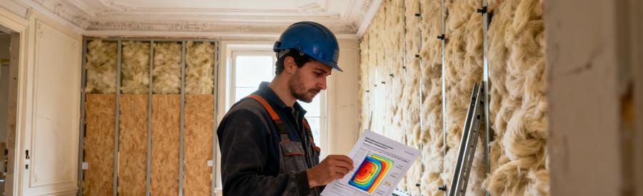 Artisan RGE vérifiant les normes RE2020 sur chantier d'isolation intérieure Paris 13e