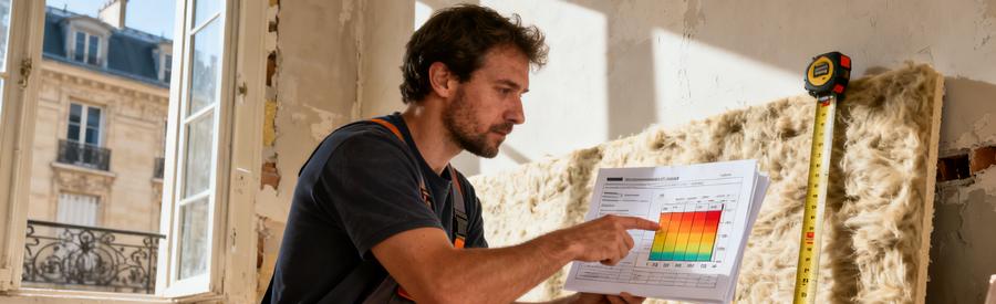 Artisan RGE vérifiant les normes thermiques RE2020 sur chantier isolation intérieure Paris 18e