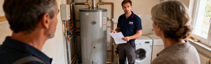 Artisan RGE présentant une estimation ballon thermodynamique à des propriétaires dans un local technique