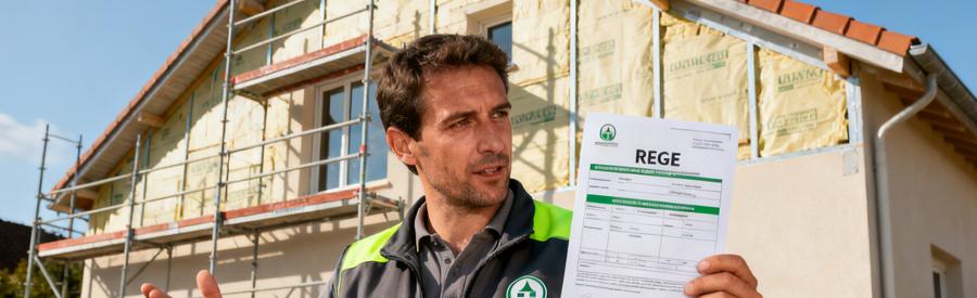 Artisan RGE tenant son certificat Qualibat devant chantier rénovation énergétique maison individuelle française