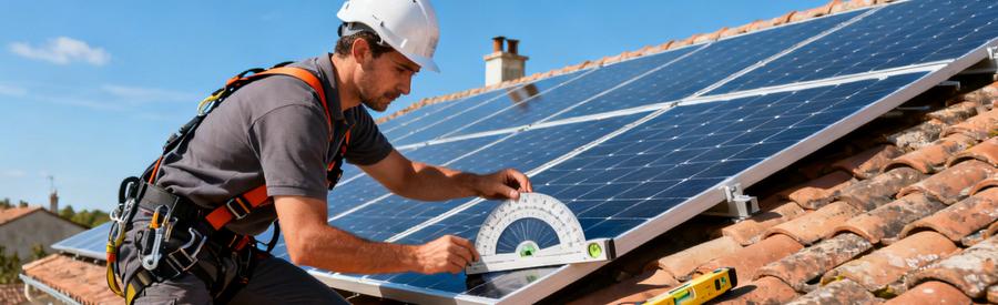 Artisan mesurant l'angle d'inclinaison de panneaux solaires sur toiture orientée plein sud en France