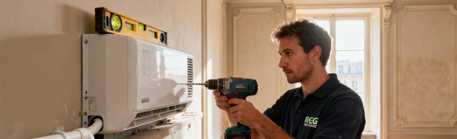 Artisan RGE installant une unité intérieure de PAC air/air dans un appartement à Rueil-Malmaison