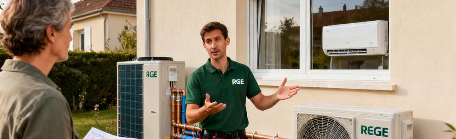 Artisan RGE présentant les différences entre PAC air/eau et air/air à un propriétaire à Choisy-le-Roi