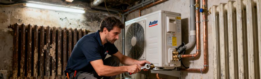 Artisan raccordant une pompe à chaleur air/eau sur circuit radiateurs dans une chaufferie d'immeuble parisien