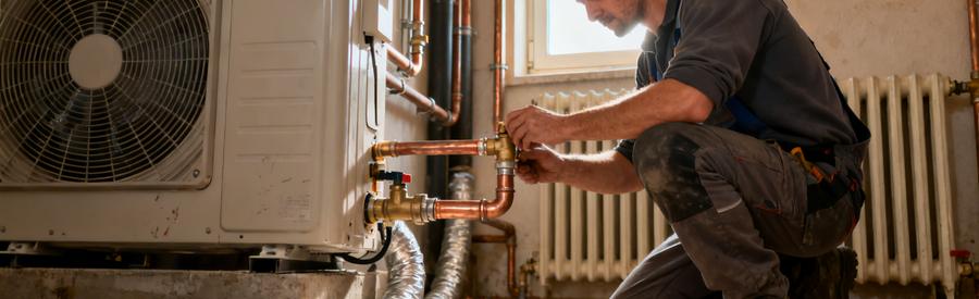 Artisan raccordant une pompe à chaleur air/eau au circuit de radiateurs dans un pavillon de Saint-Maur-des-Fossés