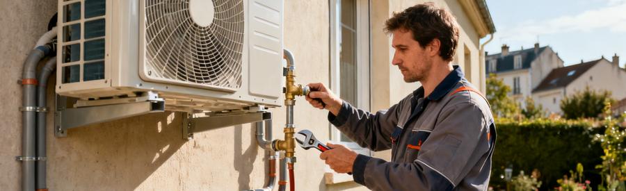 Pac Air Eau Installation Pavillon Seine Saint Denis 93 Technicien raccordant une pompe à chaleur air/eau sur façade de pavillon en Seine-Saint-Denis 93