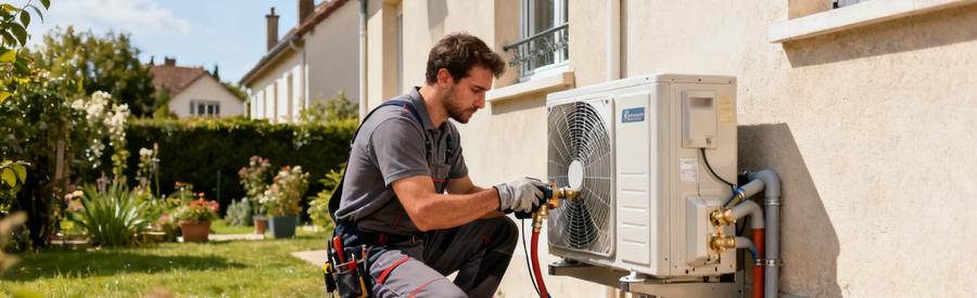 Artisan raccordant une pompe à chaleur air/eau sur façade de pavillon à Antony, région parisienne