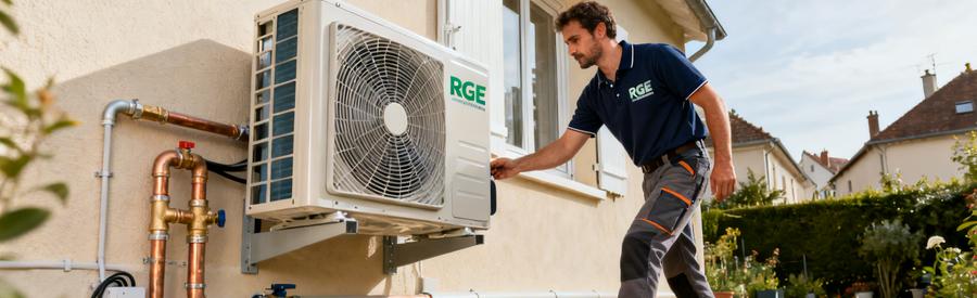 Artisan RGE présentant une pompe à chaleur air/eau installée sur façade d'un pavillon à Chelles