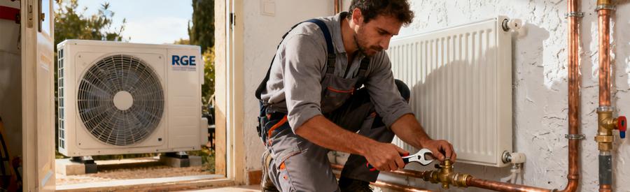 Technicien raccordant une pompe à chaleur air/eau au circuit hydraulique d'une maison à Cagnes-sur-Mer