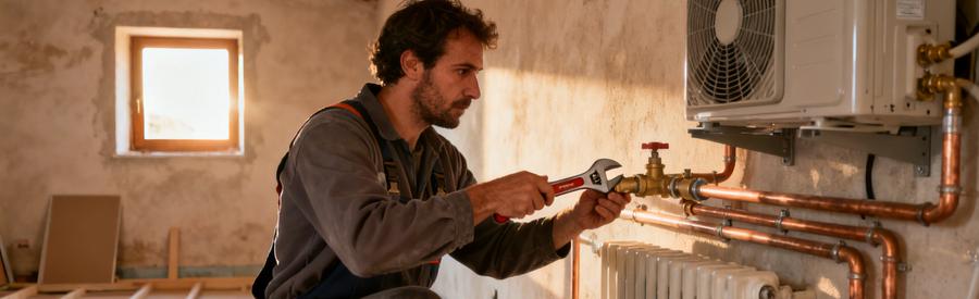 Artisan raccordant une pompe à chaleur air/eau aux radiateurs existants dans une maison à Roquebrune-Cap-Martin
