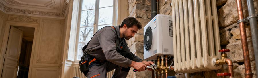 Raccordement PAC air/eau sur réseau radiateurs fonte dans appartement haussmannien Paris 17e