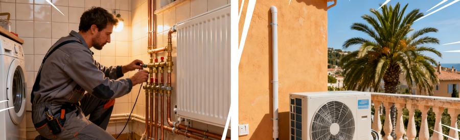 Comparatif PAC air/eau raccordée à radiateurs et unité air/air sur terrasse villa provençale à Cannes