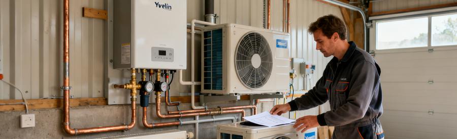 Comparaison PAC air/eau et air/air dans salle technique d'un pavillon des Yvelines par artisan RGE
